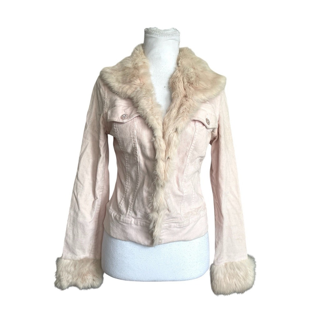 Vintage Corduroy Rabbit Fur Trim Pink Jacket XS Mcbling Y2K Glam Bratz FLAWED